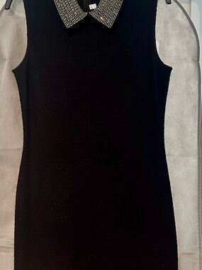 St. John Black Sleeveless Cocktail Dress with Crystal-Embellished Collar